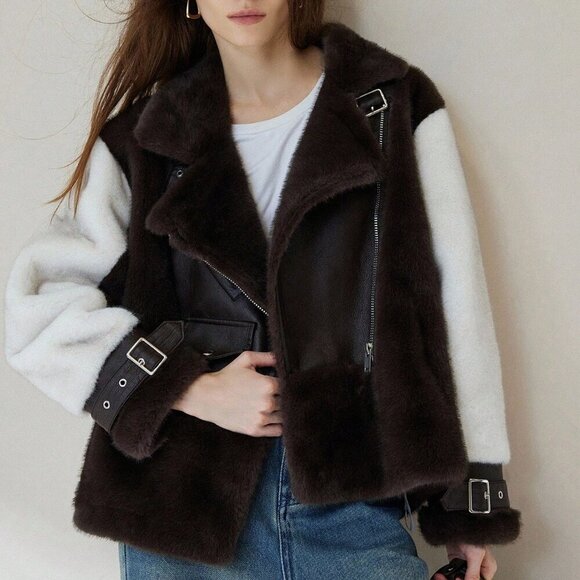 MODA ME COUTURE Jackets & Blazers - Brown Casual Women's Lapel Zipper Faux Fur colorblock Jacket